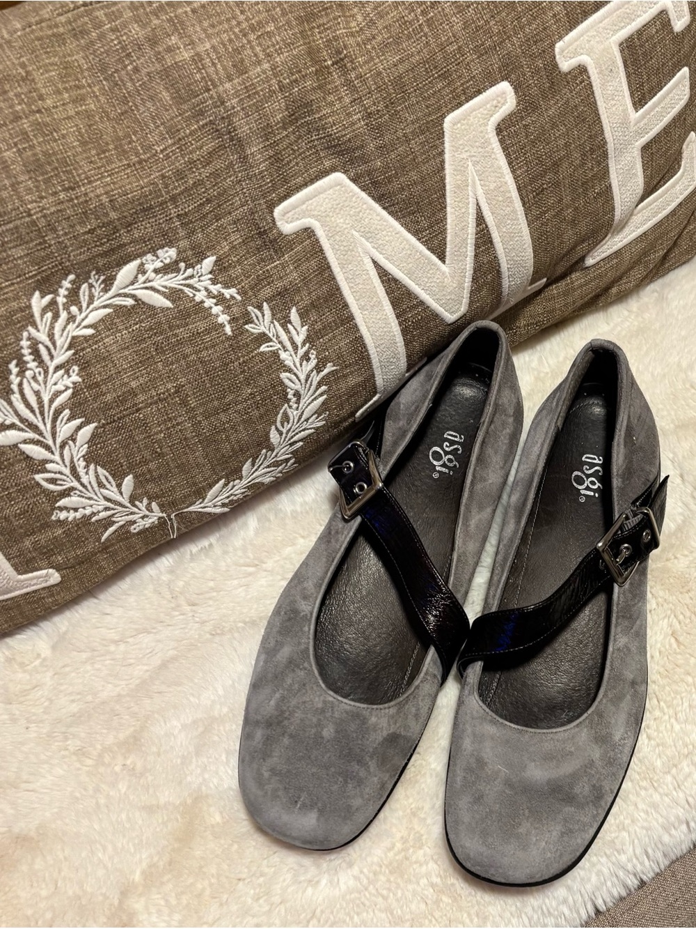 Gray Suede Flats with Brown Strap